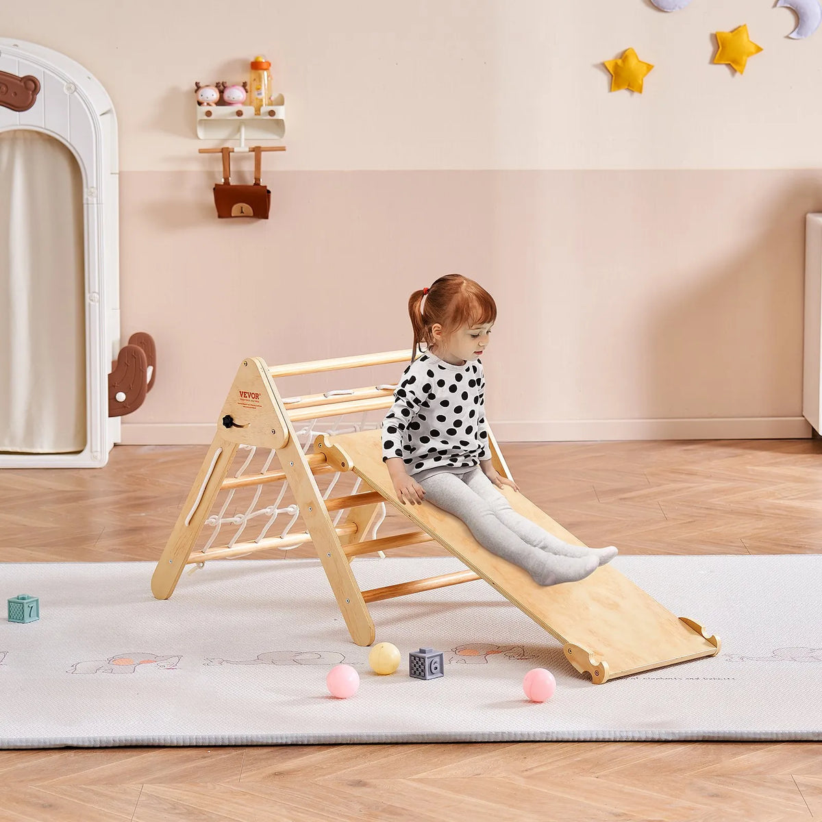 VEVOR 4 in 1 Pikler Triangle with Ramp for Children 1–3 Years, Large, Wood Colour