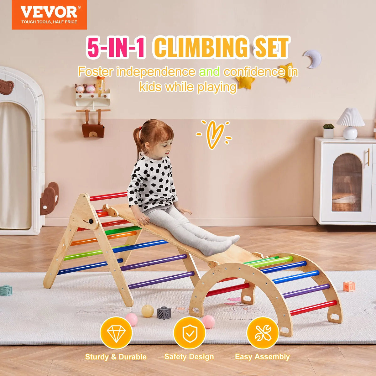 VEVOR 5 in 1 Pikler Triangle with Ramp and Arch for Children 1–3 Years, Large, Colourful