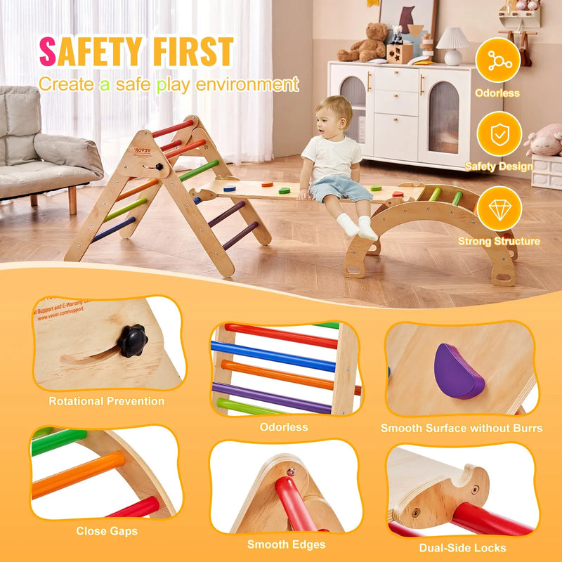VEVOR Piklera trijstūra komplekts 5-in-1, Montessori koka kāpelēšanas rotaļlieta bērniem 1–3 gadi, iekštelpu rotaļu laukums ar trijstūri, rampu un arku, liels izmērs, krāsains