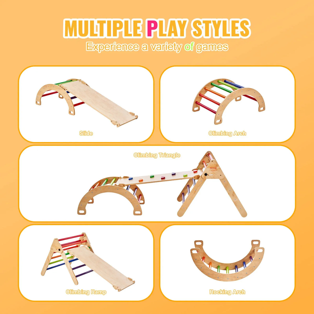 VEVOR 5 in 1 Pikler Triangle with Ramp and Arch for Children 1–3 Years, Large, Colourful