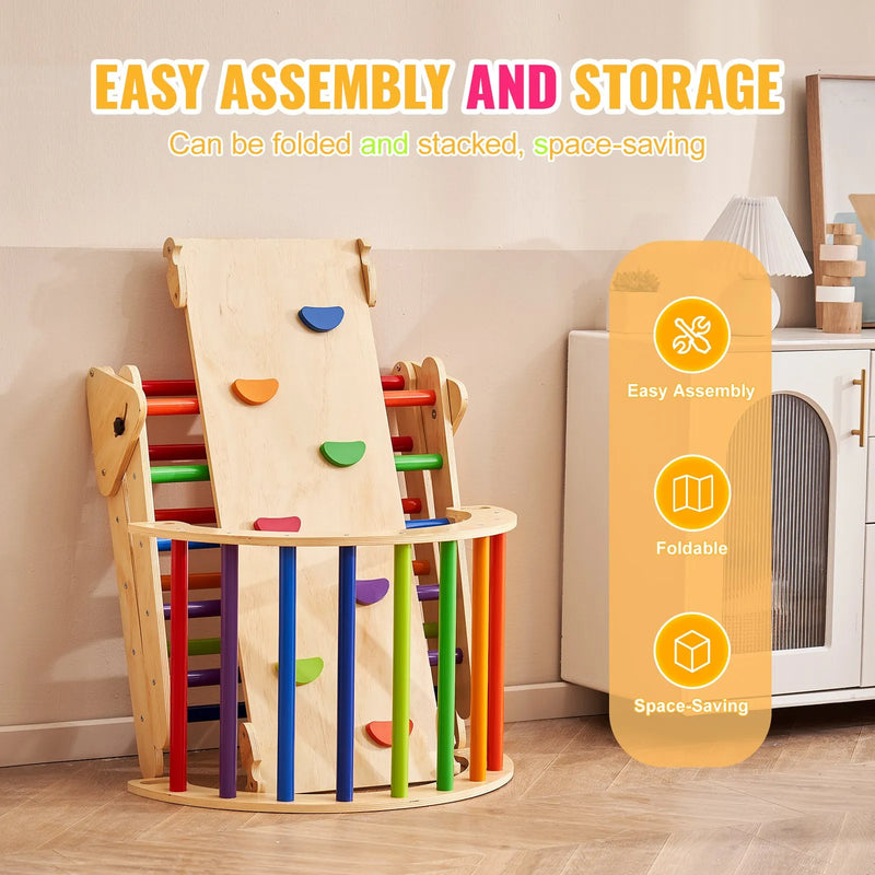 VEVOR Piklera trijstūra komplekts 5-in-1, Montessori koka kāpelēšanas rotaļlieta bērniem 1–3 gadi, iekštelpu rotaļu laukums ar trijstūri, rampu un arku, liels izmērs, krāsains