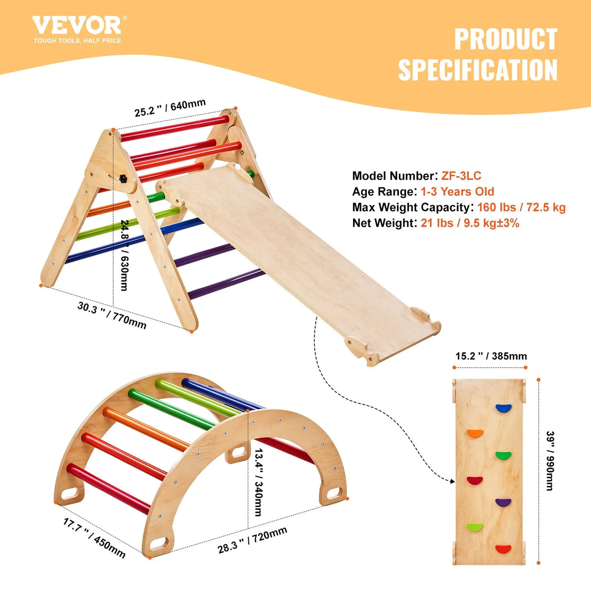 VEVOR 5 in 1 Pikler Triangle with Ramp and Arch for Children 1–3 Years, Large, Colourful