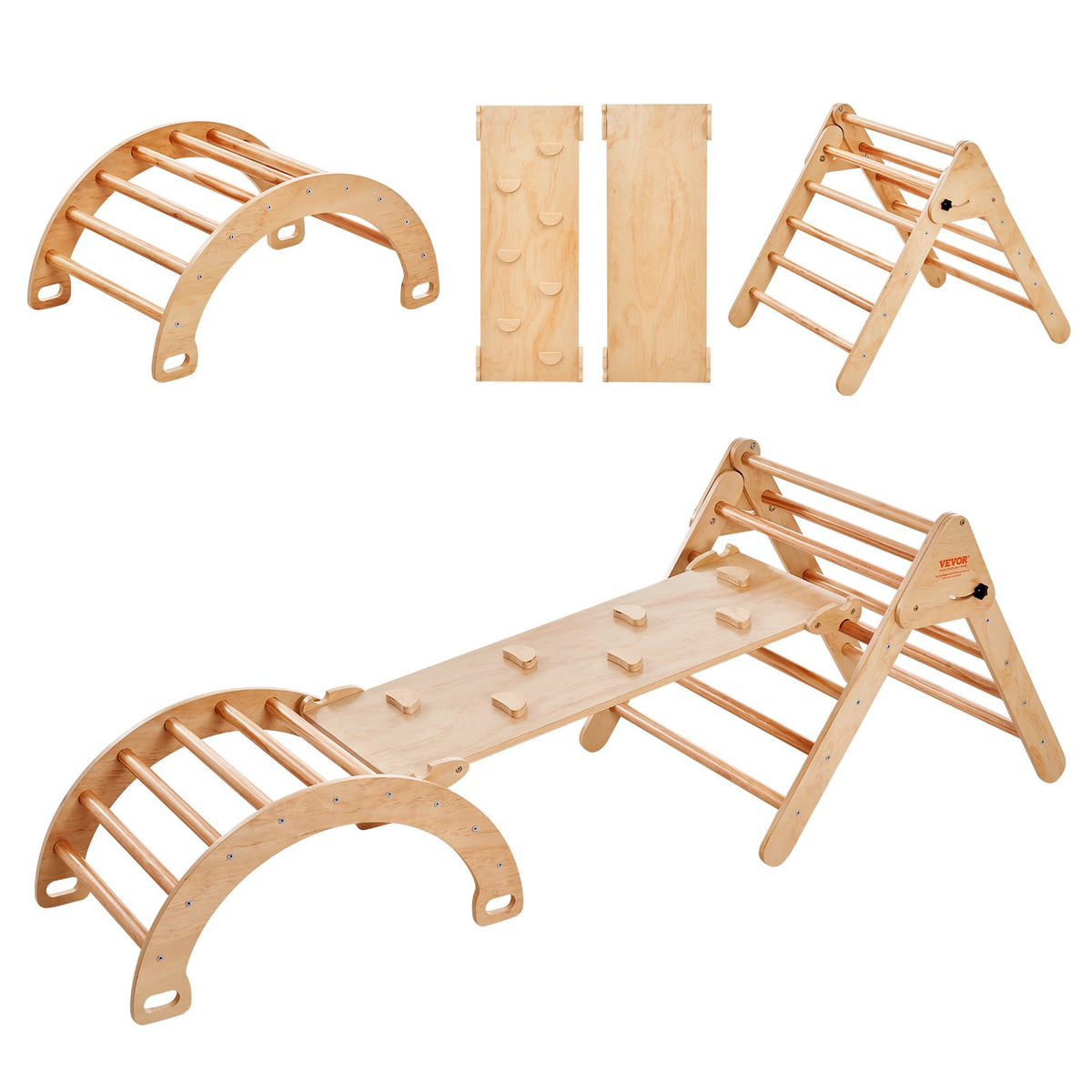 VEVOR 5 in 1 Pikler Triangle with Ramp and Arch for Children 1–3 Years, Large, Wood Colour