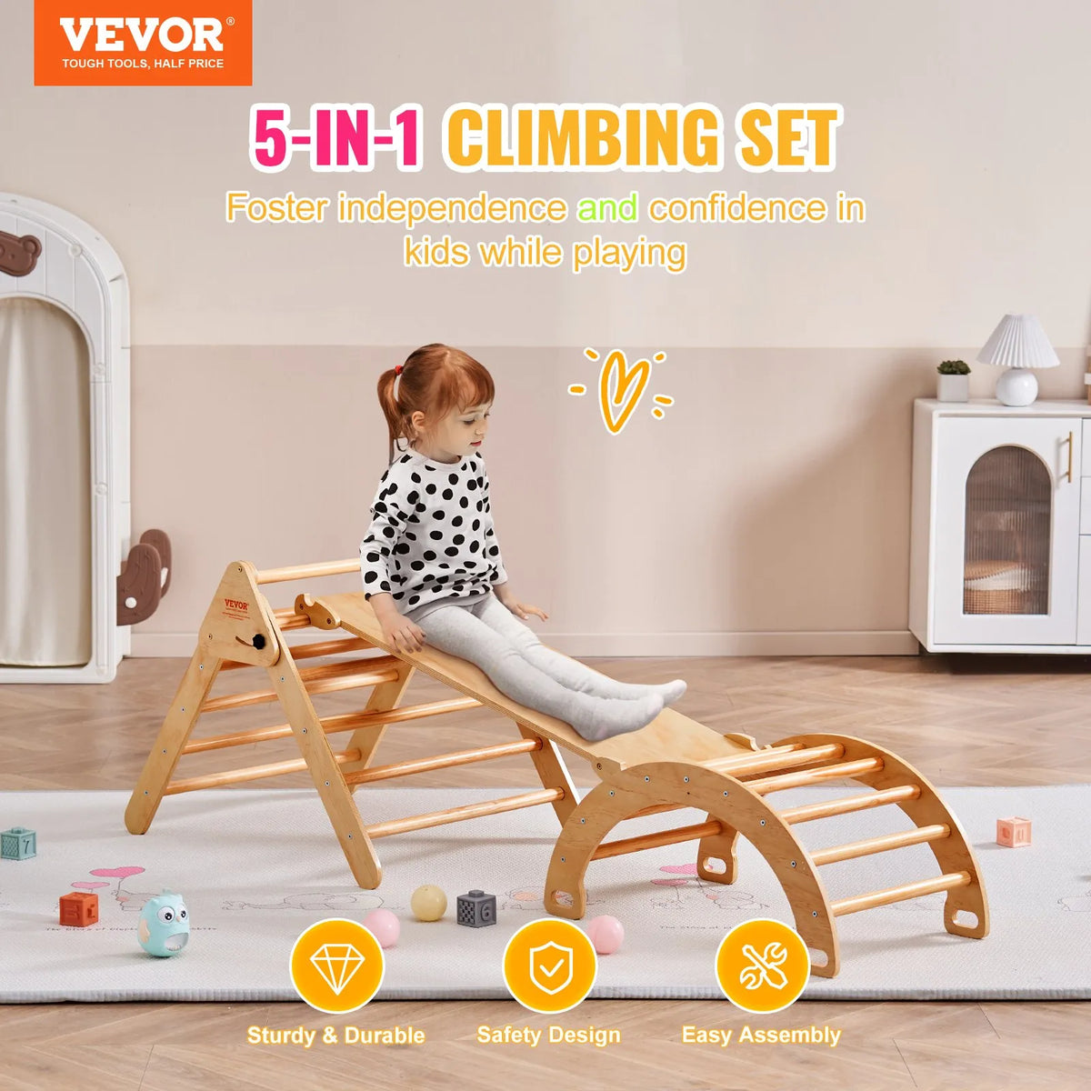 VEVOR 5 in 1 Pikler Triangle with Ramp and Arch for Children 1–3 Years, Large, Wood Colour