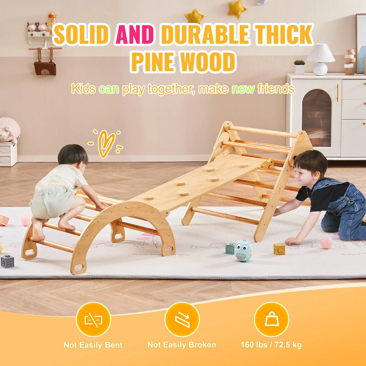 VEVOR 5 in 1 Pikler Triangle with Ramp and Arch for Children 1–3 Years, Large, Wood Colour
