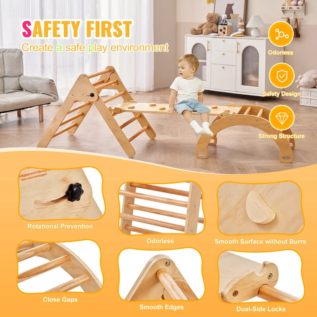 VEVOR 5 in 1 Pikler Triangle with Ramp and Arch for Children 1–3 Years, Large, Wood Colour
