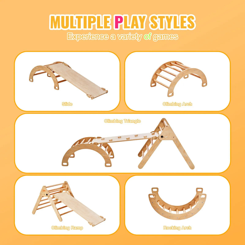 VEVOR Piklera trijstūra komplekts 5-in-1, Montessori koka kāpelēšanas rotaļlieta bērniem 1–3 gadi, iekštelpu rotaļu laukums ar trijstūri, rampu un arku, liels izmērs, koka krāsa