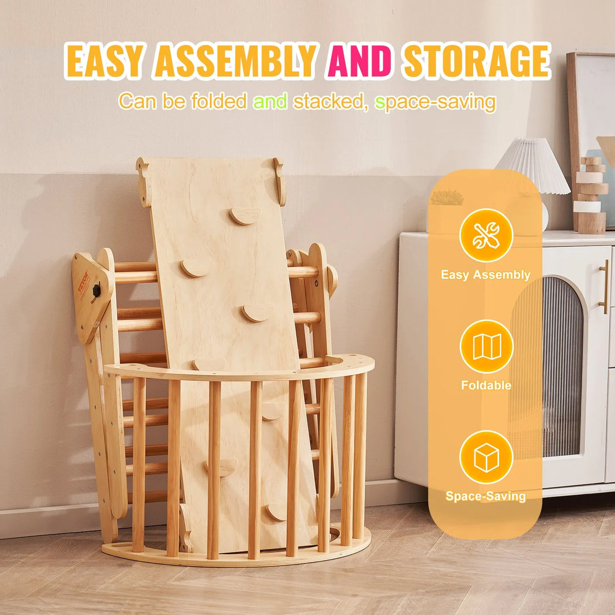 VEVOR 5 in 1 Pikler Triangle with Ramp and Arch for Children 1–3 Years, Large, Wood Colour
