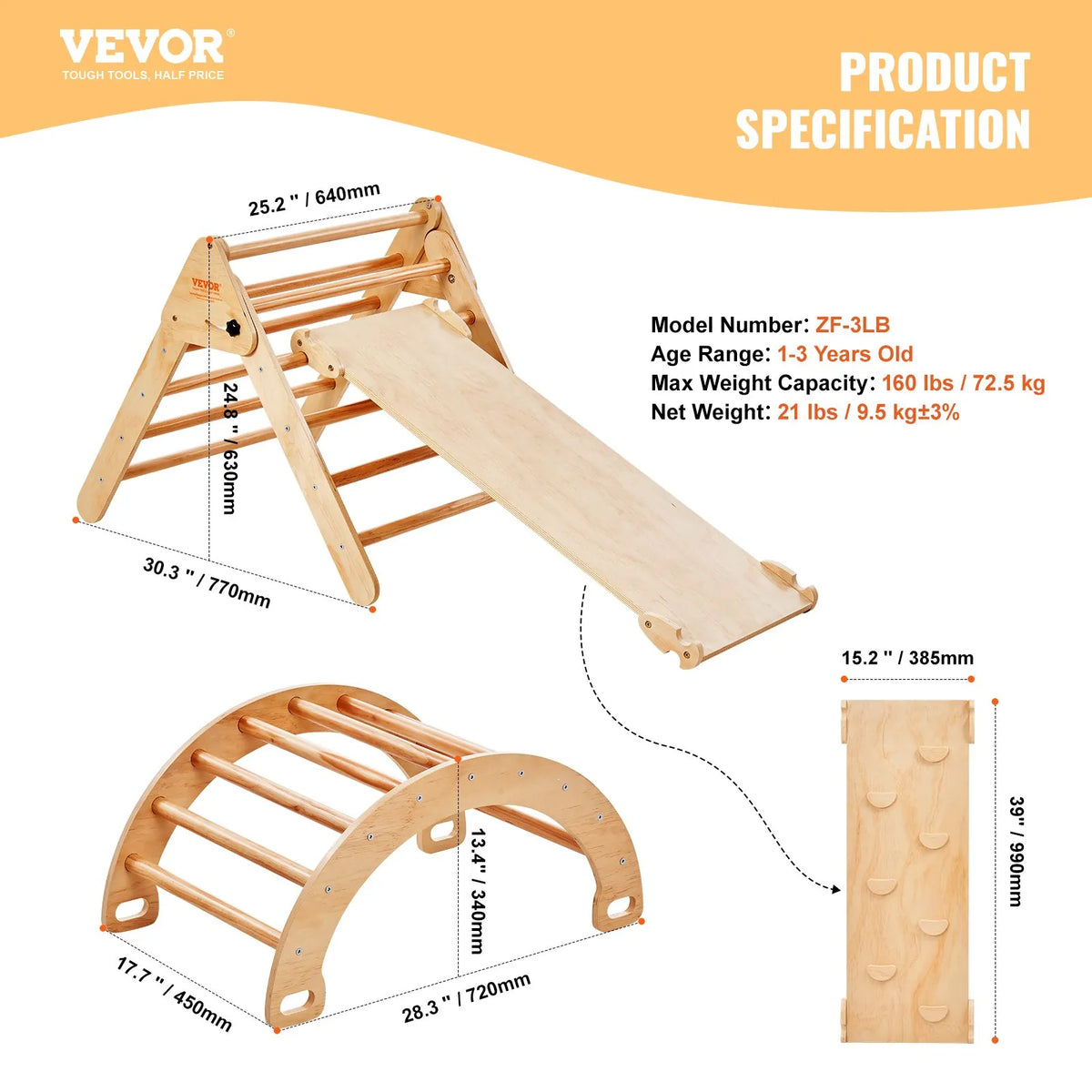 VEVOR 5 in 1 Pikler Triangle with Ramp and Arch for Children 1–3 Years, Large, Wood Colour
