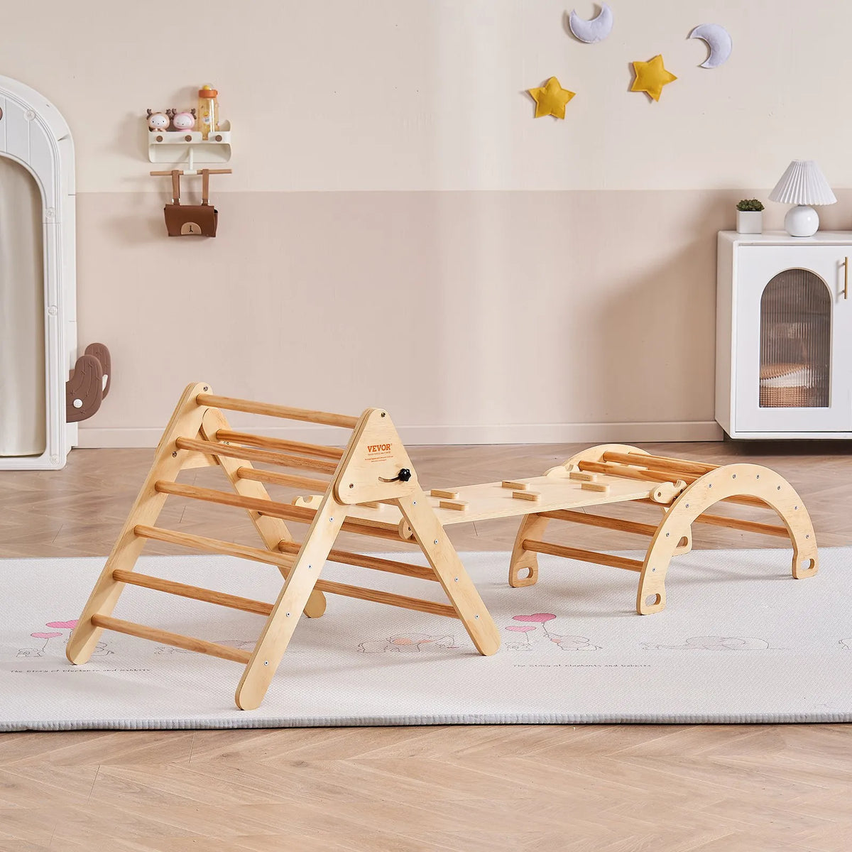 VEVOR 5 in 1 Pikler Triangle with Ramp and Arch for Children 1–3 Years, Large, Wood Colour