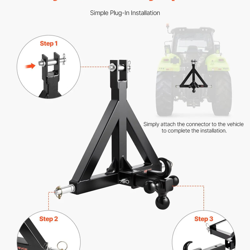 3 punktu 50 mm piekabes sakabes uztvērējs traktora vilkšanas stienim ar ātrās uzkabes adapteri