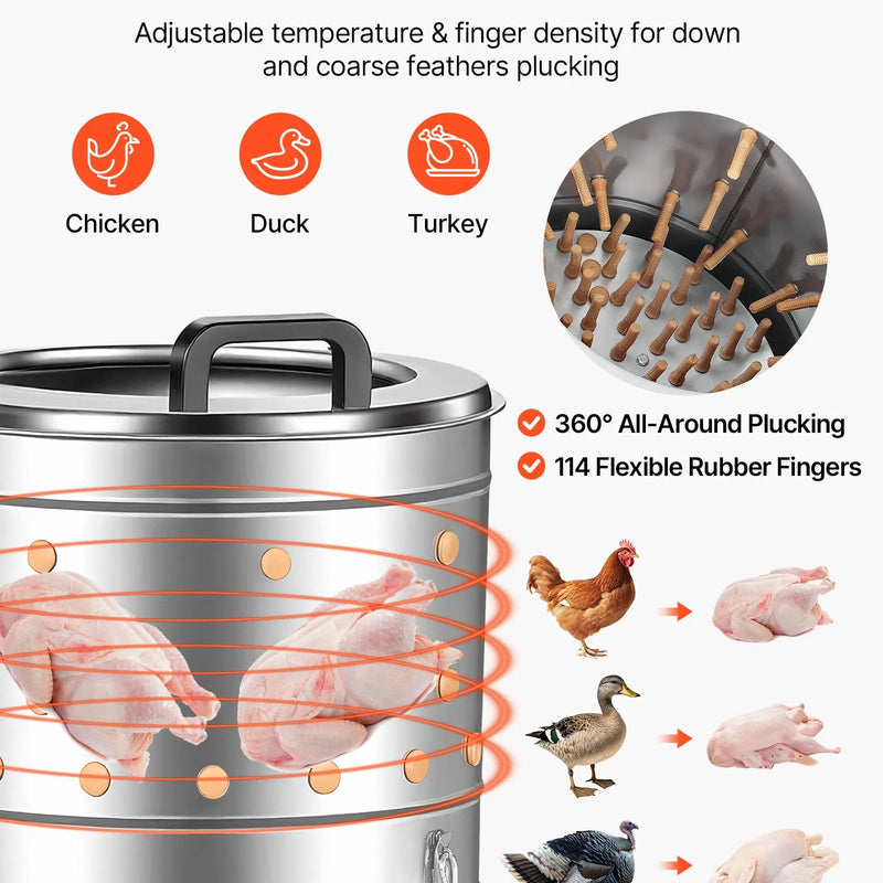 VEVOR putnu spalvu noplūkšanas mašīna, 400 mm bungas diametrs, 500 W, 230 apgr./min, ar 114 silikona pirkstiem un transportēšanas riteņiem, nerūsējošā tērauda spalvu noņēmējs 1-2 vistu apstrādei vienā ciklā