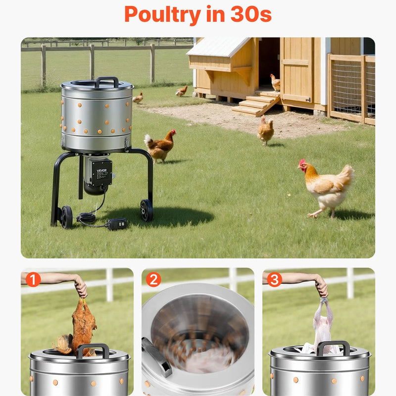 VEVOR putnu spalvu noplūkšanas mašīna, 400 mm bungas diametrs, 500 W, 230 apgr./min, ar 114 silikona pirkstiem un transportēšanas riteņiem, nerūsējošā tērauda spalvu noņēmējs 1-2 vistu apstrādei vienā ciklā