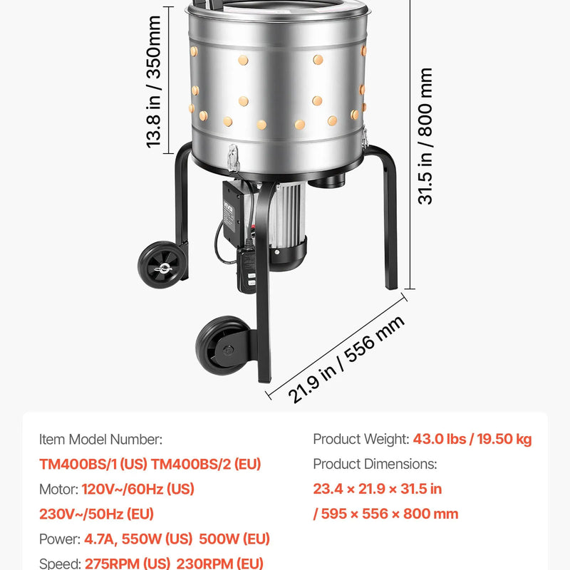 VEVOR putnu spalvu noplūkšanas mašīna, 400 mm bungas diametrs, 500 W, 230 apgr./min, ar 114 silikona pirkstiem un transportēšanas riteņiem, nerūsējošā tērauda spalvu noņēmējs 1-2 vistu apstrādei vienā ciklā