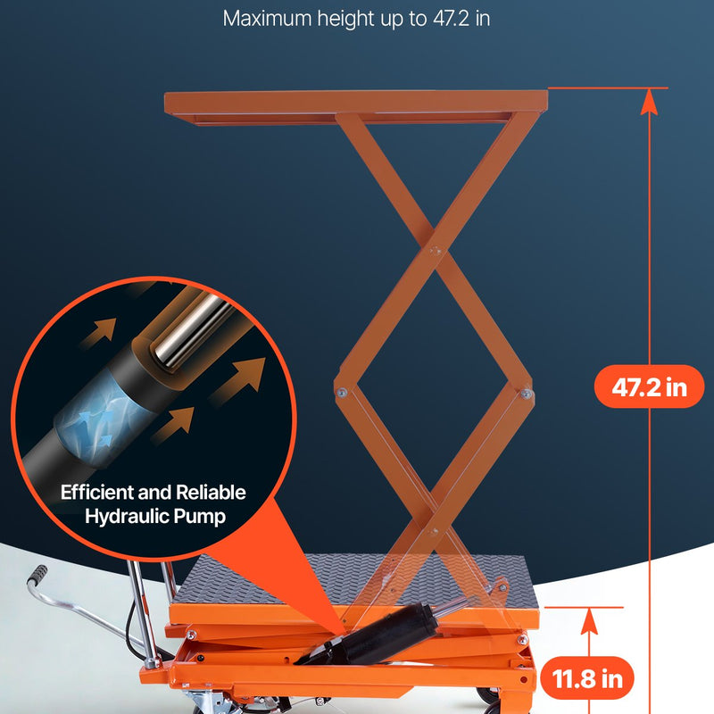 VEVOR hidrauliskais pacelšanas galds 227 kg ar pacelšanas augstumu līdz 120 cm, dubultais šķērveida pacelšanas ratiņgalds ar 4 riteņiem un pretslīdes platformu materiālu pārvietošanai