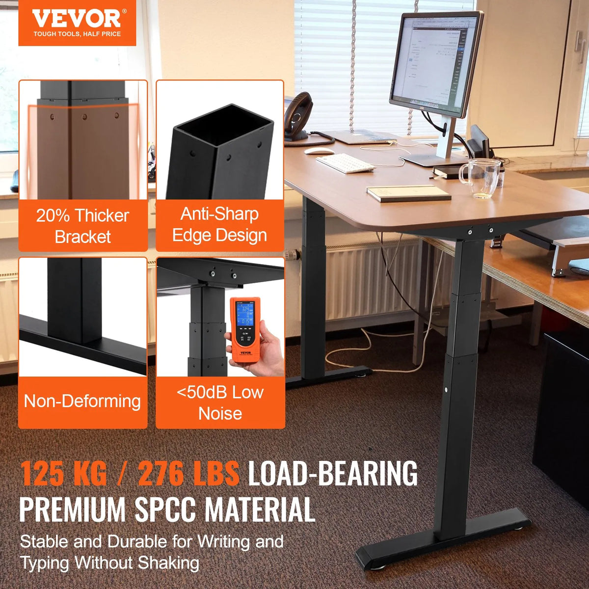 VEVOR Electric Height Adjustable Desk Base with Dual Motors, 65–129 cm, Black