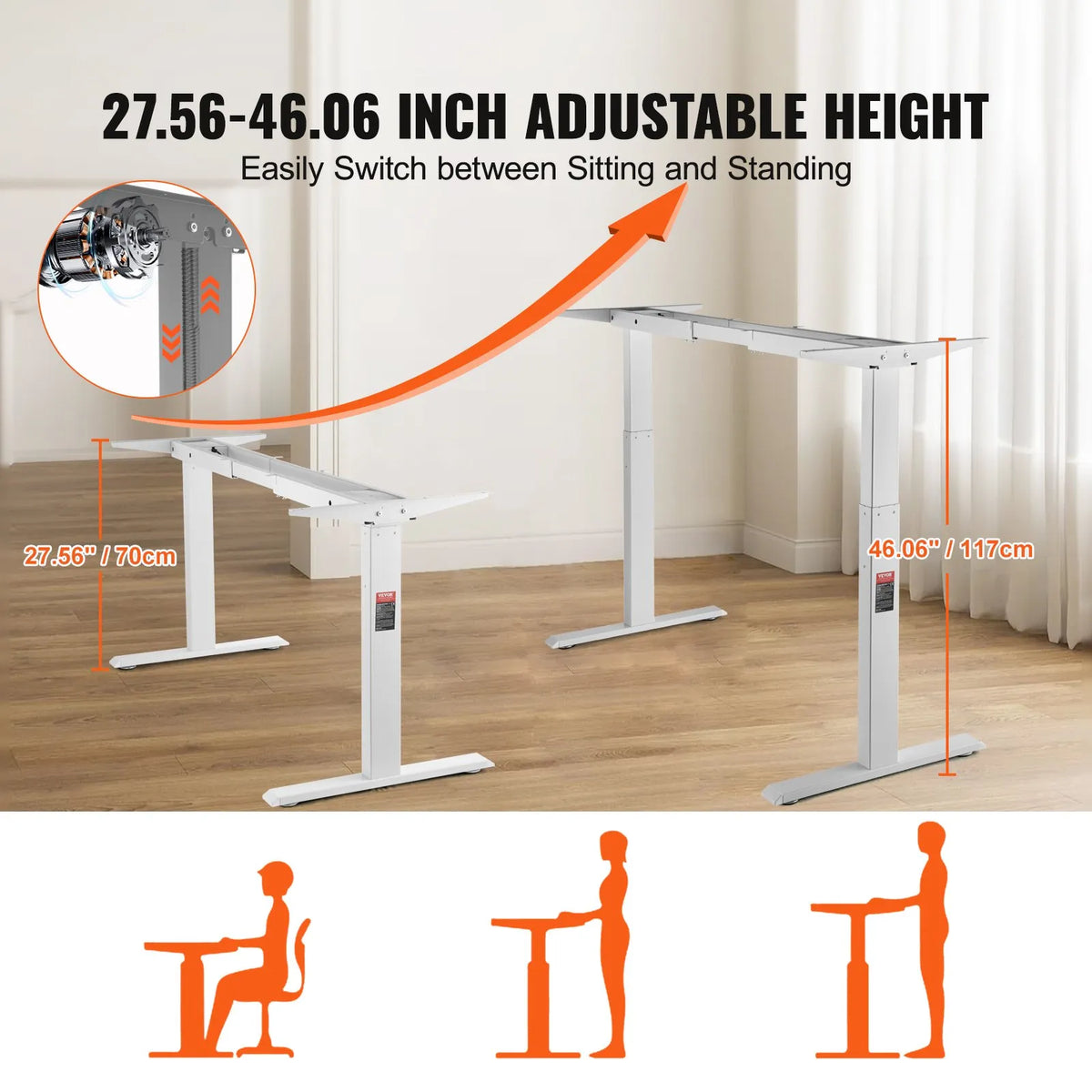 VEVOR Electric Desk Base with Dual Motors, Adjustable Height 70–117 cm and Length 110–178 cm, White