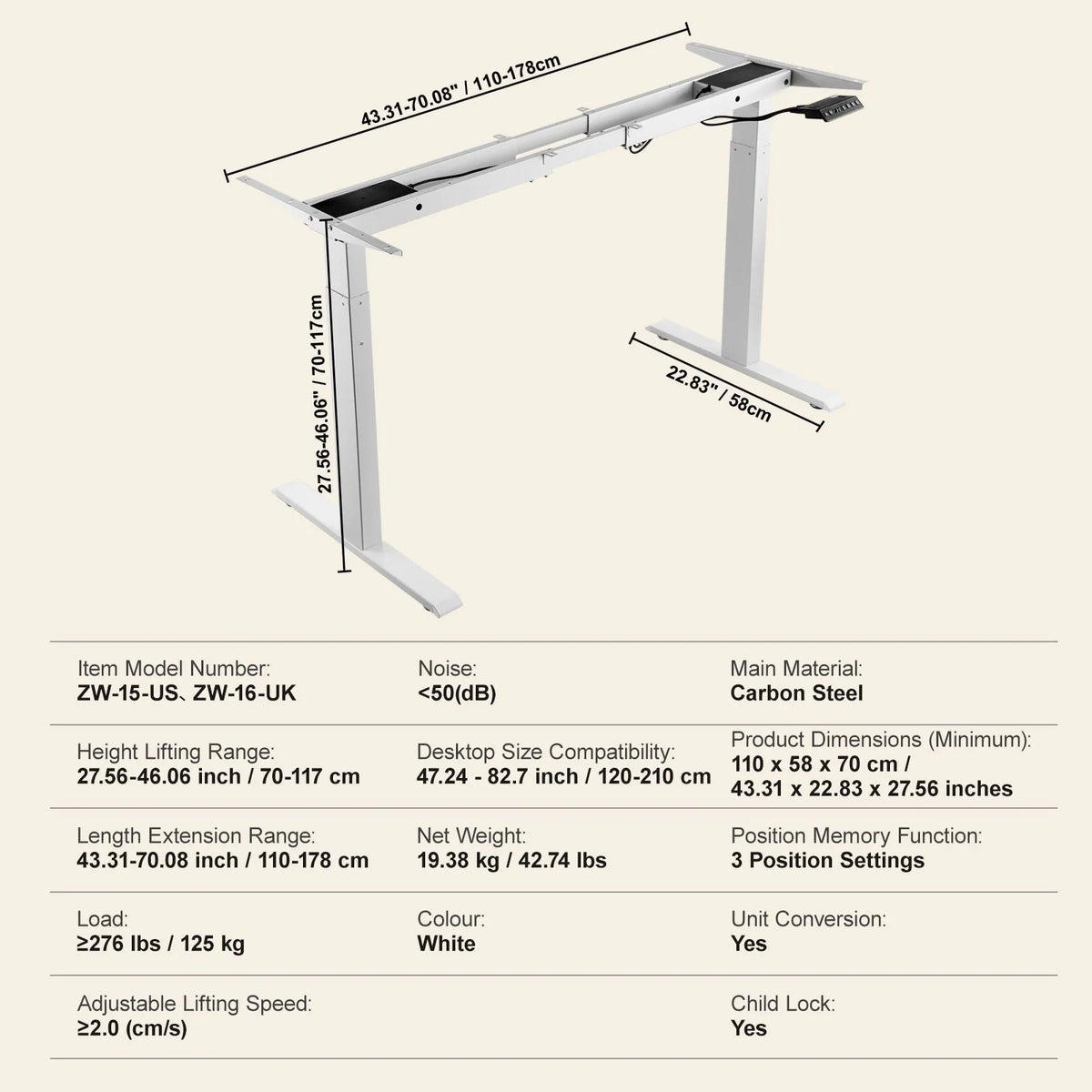 VEVOR Electric Desk Base with Dual Motors, Adjustable Height 70–117 cm and Length 110–178 cm, White