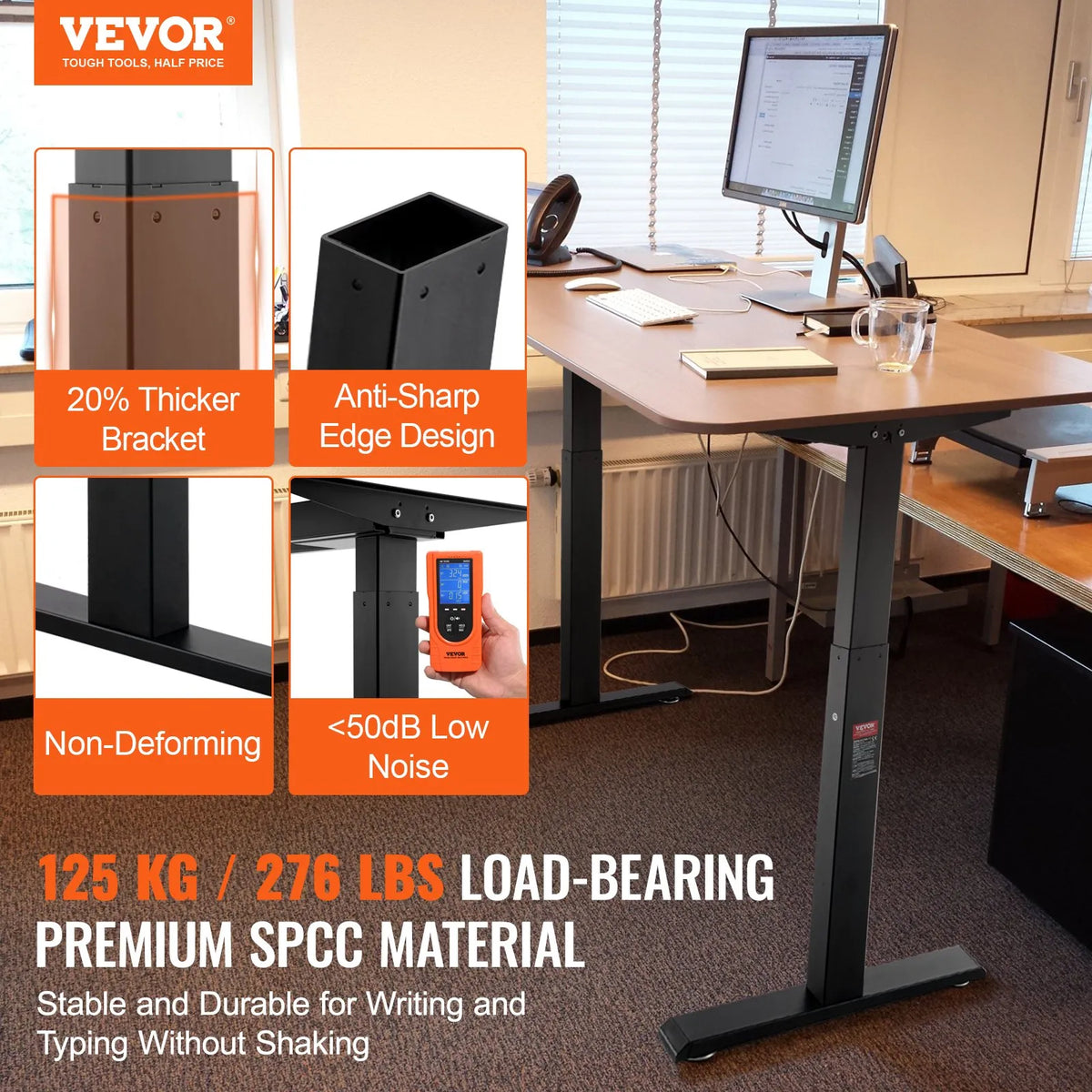 VEVOR Electric Height Adjustable Desk Base with Dual Motors, 70–117 cm, Black