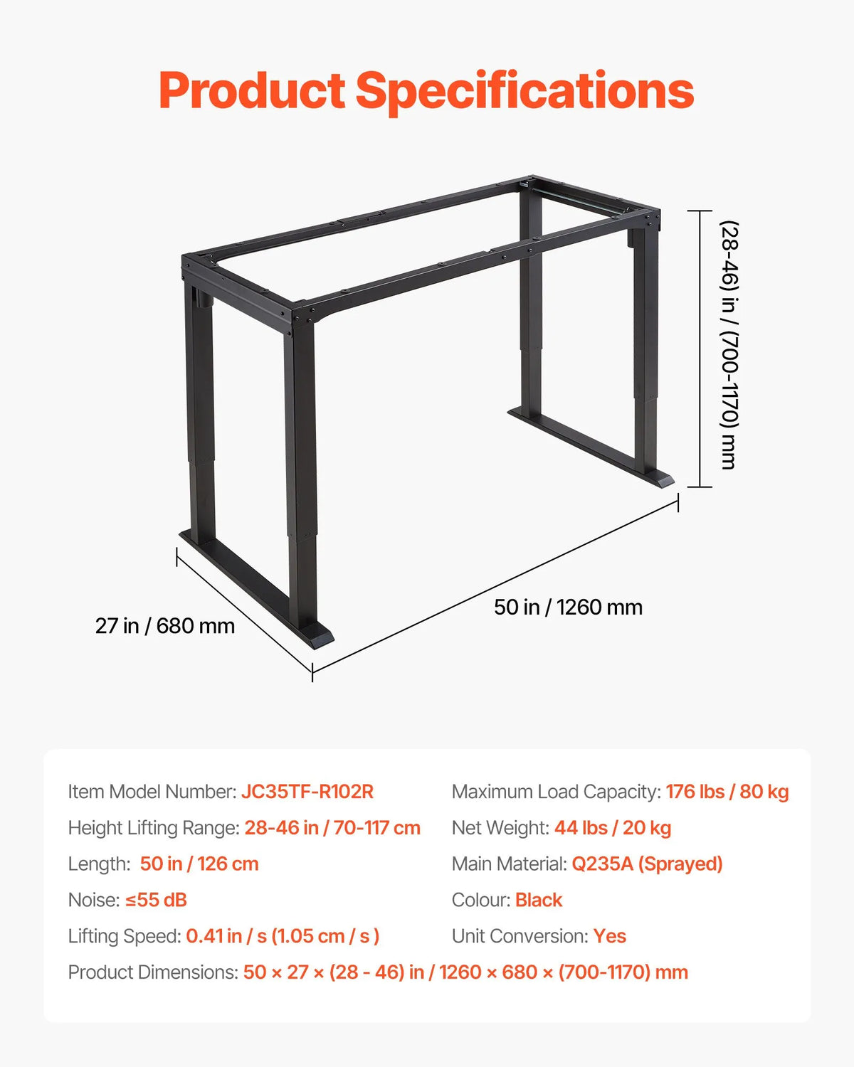 VEVOR Electric Standing Desk Frame with 4 Legs and Dual Motors, 70–117 cm, 4 Height Memory Settings, Black