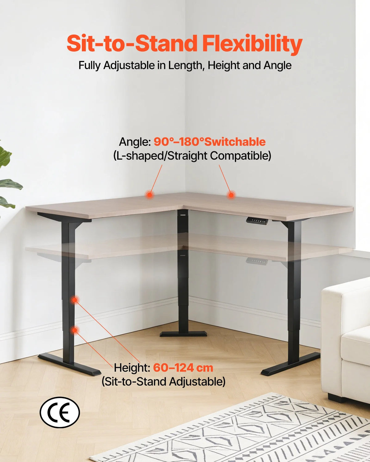 VEVOR Electric Corner Desk Frame with 3 Legs and 3 Motors, 60–125 cm, 4 Height Memory Settings, Black