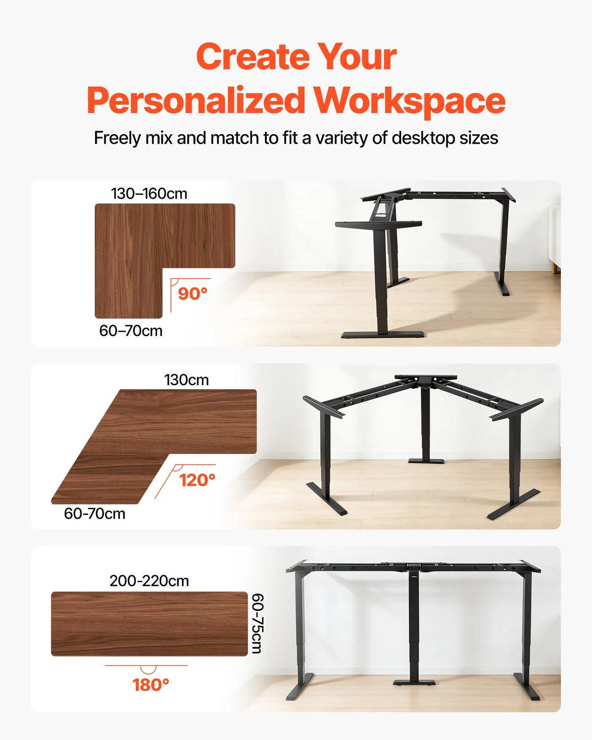 VEVOR Electric Corner Desk Frame with 3 Legs and 3 Motors, 60–125 cm, 4 Height Memory Settings, Black
