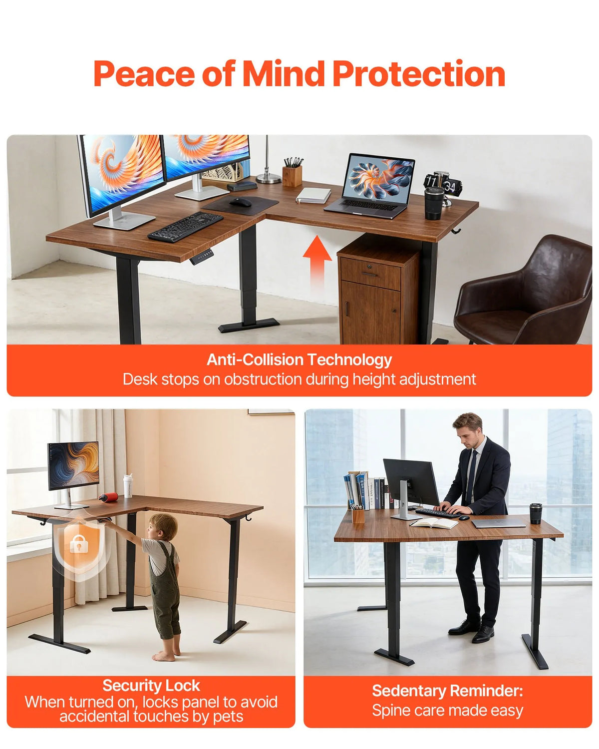 VEVOR Electric Corner Desk Frame with 3 Legs and 3 Motors, 60–125 cm, 4 Height Memory Settings, Black