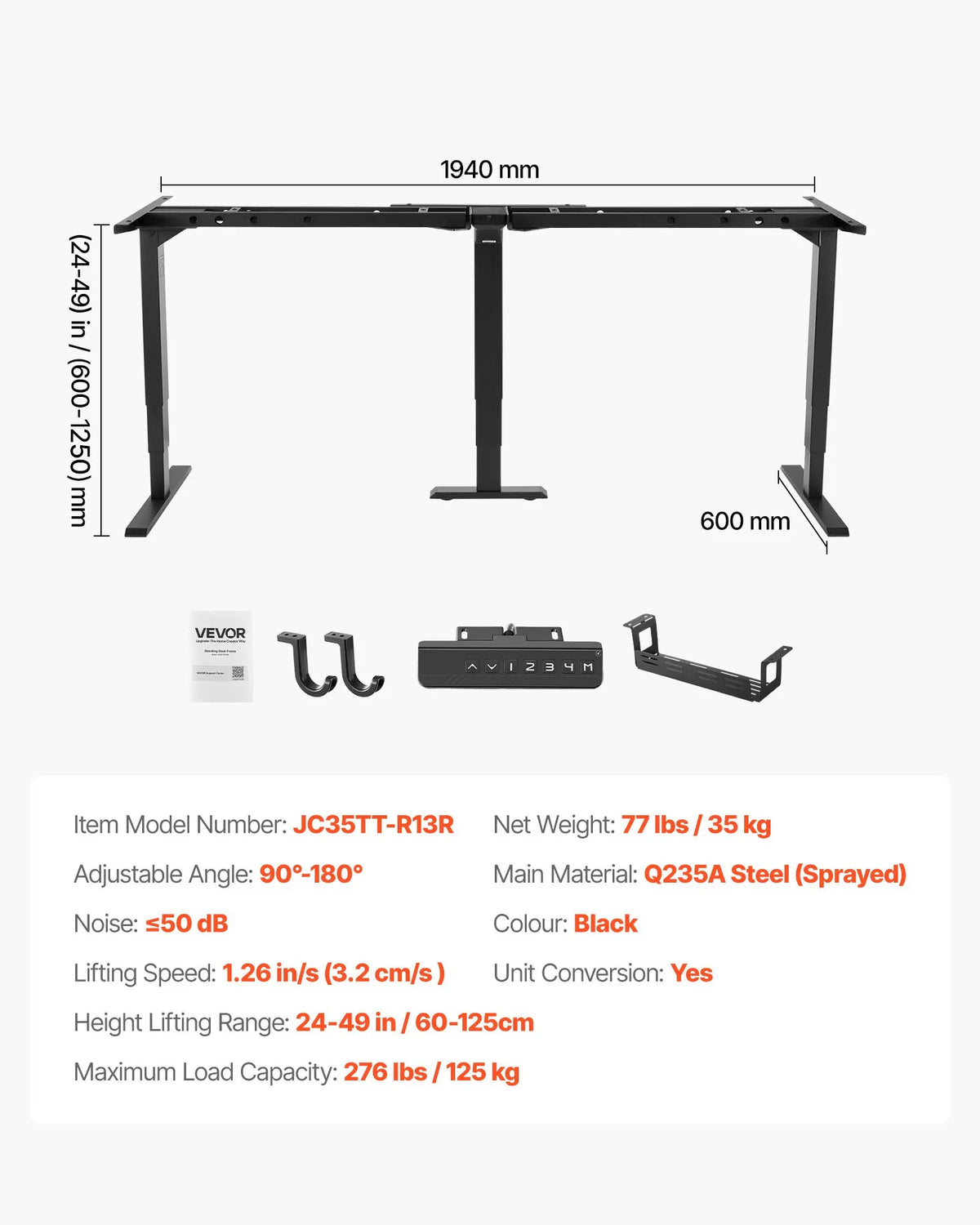 VEVOR Electric Corner Desk Frame with 3 Legs and 3 Motors, 60–125 cm, 4 Height Memory Settings, Black
