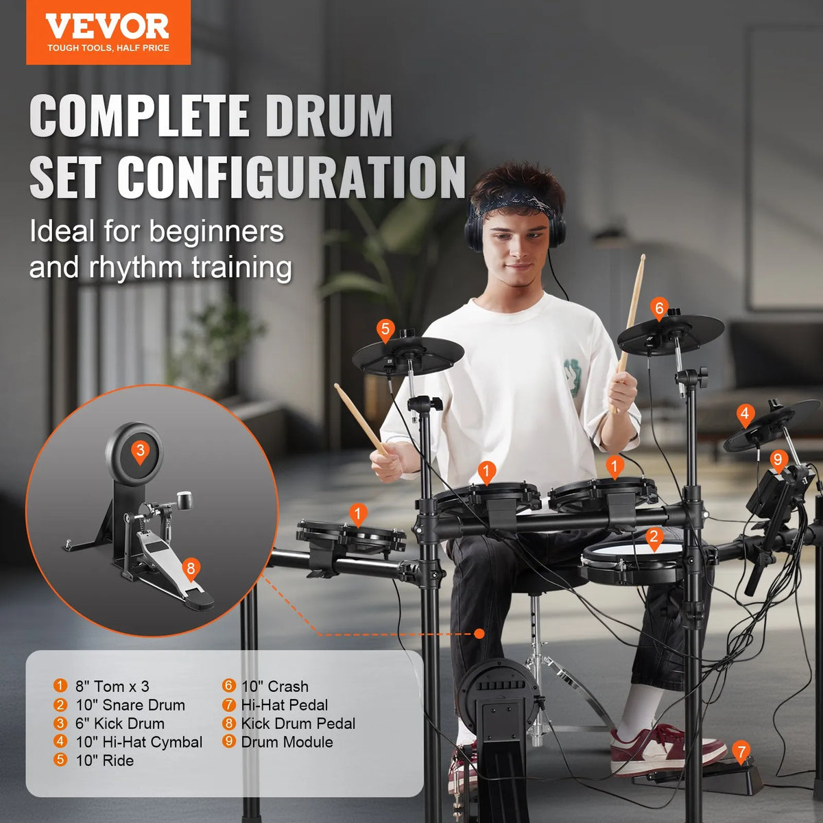 VEVOR Electronic Drum Kit 32 Kits and 480 Sounds, 10″ Mesh Snare, 10″ Cymbals, Pedals and USB MIDI