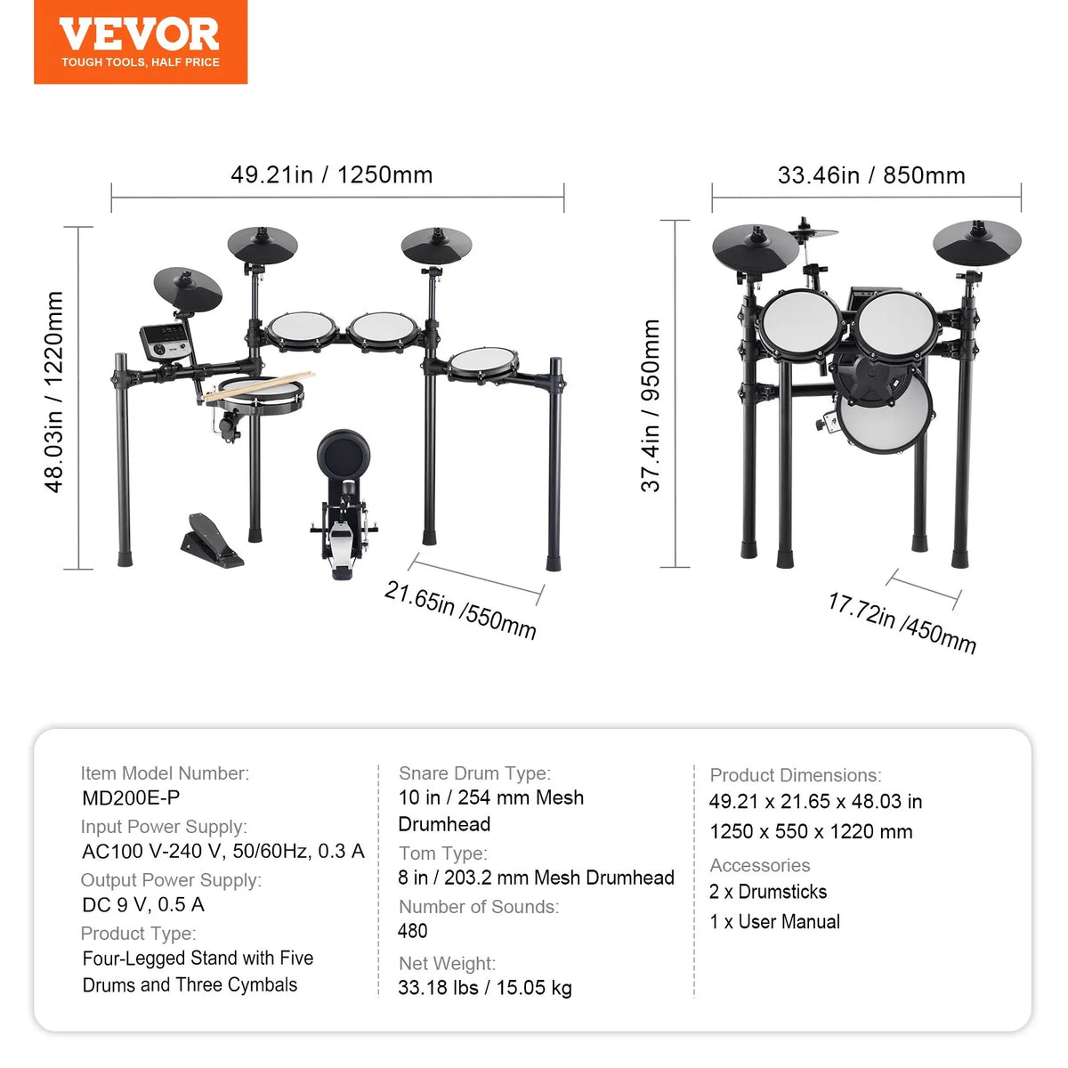 VEVOR Electronic Drum Kit 32 Kits and 480 Sounds, 10″ Mesh Snare, 10″ Cymbals, Pedals and USB MIDI