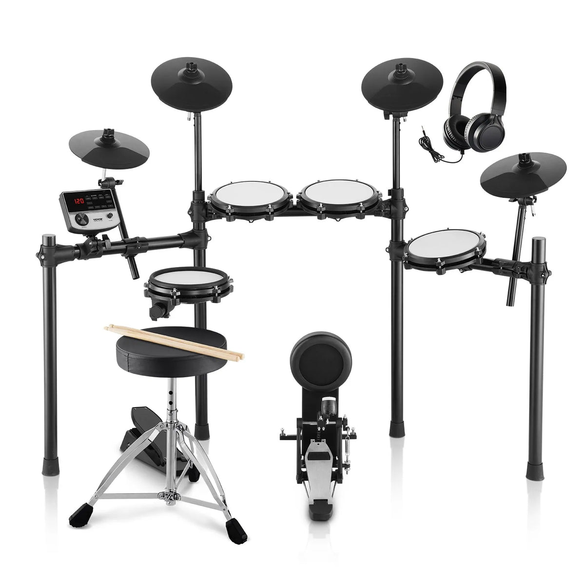VEVOR Electronic Drum Kit 32 Kits and 480 Sounds, 8″ Mesh Snare, 10″ Cymbals, Headphones and USB MIDI