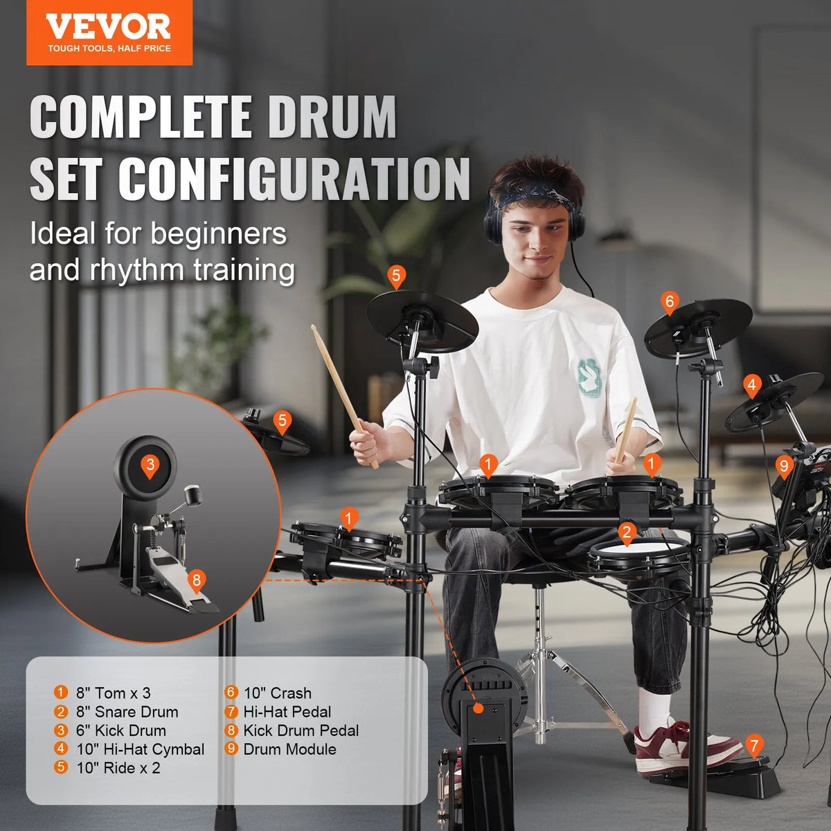 VEVOR Electronic Drum Kit 32 Kits and 480 Sounds, 8″ Mesh Snare, 10″ Cymbals, Headphones and USB MIDI