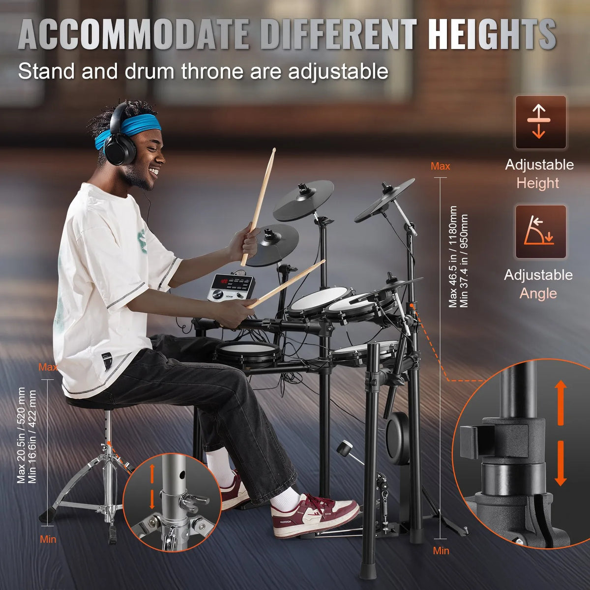 VEVOR Electronic Drum Kit 32 Kits and 480 Sounds, 8″ Mesh Snare, 10″ Cymbals, Headphones and USB MIDI