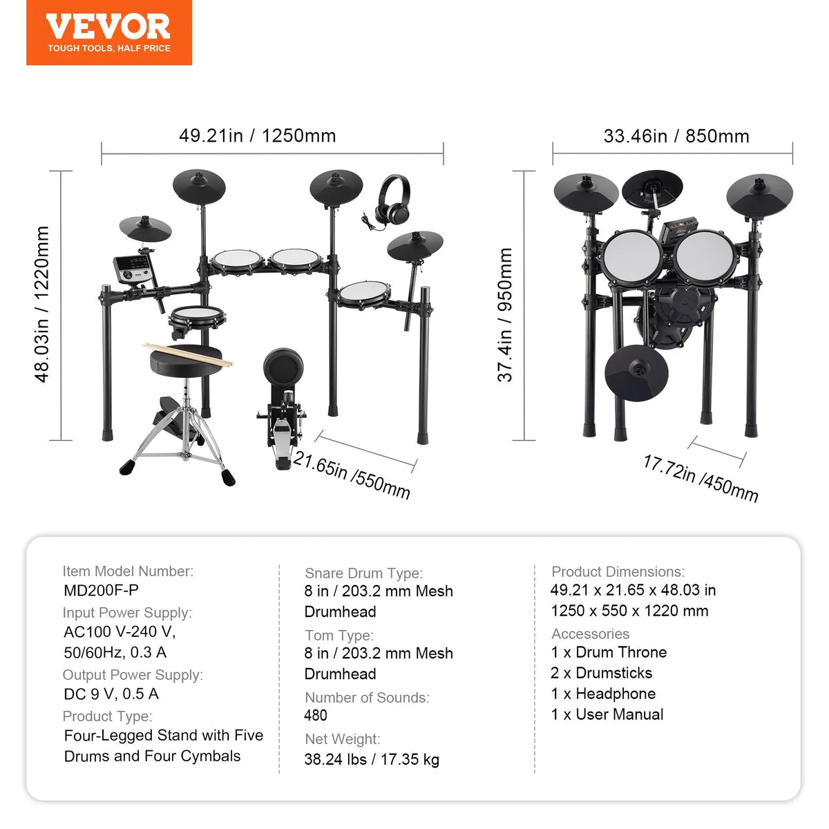 VEVOR Electronic Drum Kit 32 Kits and 480 Sounds, 8″ Mesh Snare, 10″ Cymbals, Headphones and USB MIDI