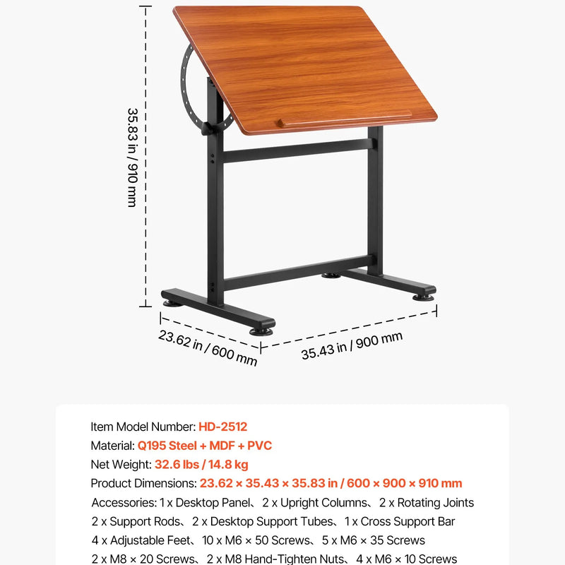 VEVOR rasēšanas galds ar regulējamu 0°–90° slīpumu, pārvietojams mākslinieka galds ar melnu H veida rāmi un brūnu virsmu, zīmēšanai, lasīšanai un rokdarbiem