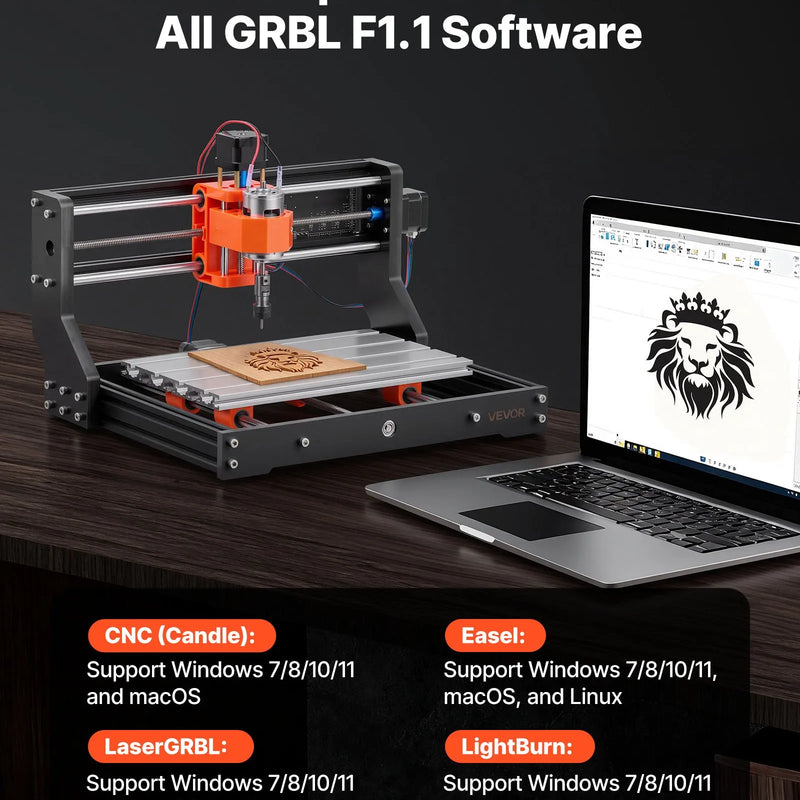 VEVOR 3018 CNC frēzēšanas iekārta, 60 W vārpsta, 3 asu koka gravēšanas un frēzēšanas mašīna, ar 300 × 180 × 40 mm darba zonu, bezsaistes vadības pulti, alumīnija sakausējuma konstrukciju, koka un akrila gravēšanai un griešanai