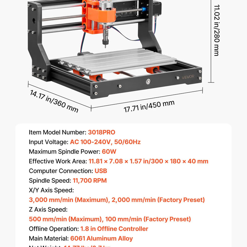 VEVOR 3018 CNC frēzēšanas iekārta, 60 W vārpsta, 3 asu koka gravēšanas un frēzēšanas mašīna, ar 300 × 180 × 40 mm darba zonu, bezsaistes vadības pulti, alumīnija sakausējuma konstrukciju, koka un akrila gravēšanai un griešanai