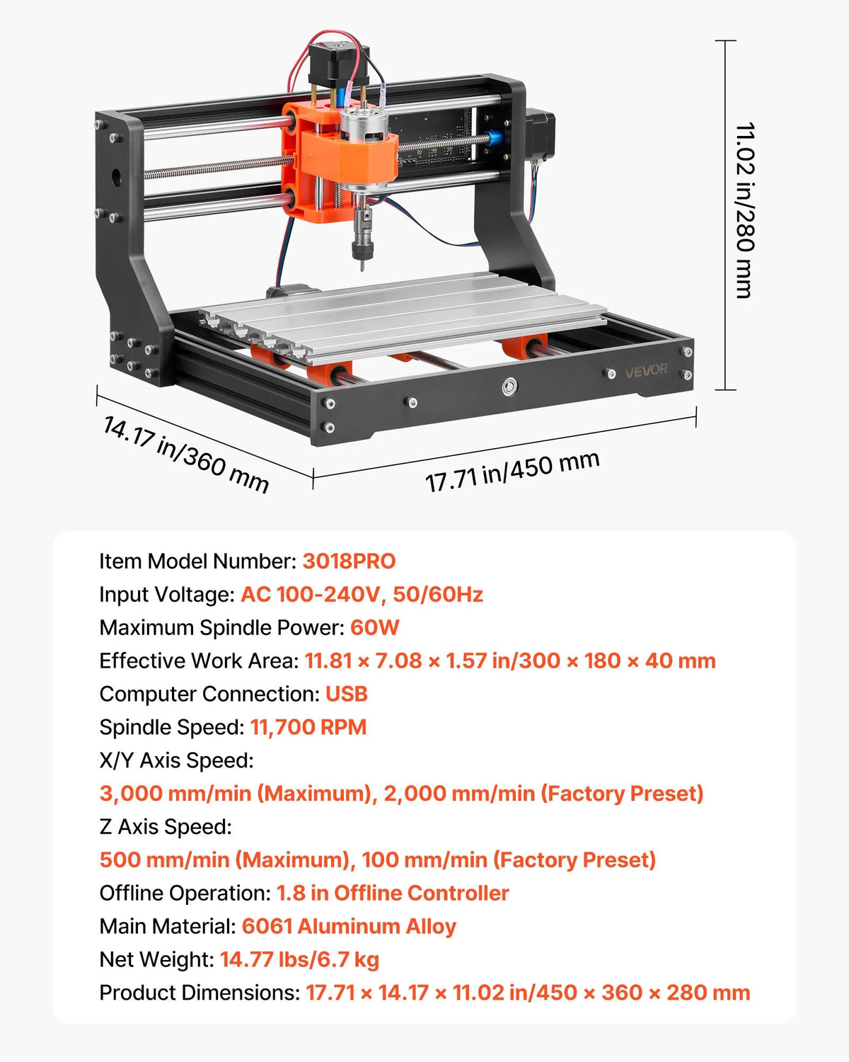 VEVOR CNC 3018 frēzēšanas iekārta ar 60 W vārpstu, 3 asis, 300 × 180 × 40 mm, bezsaistes vadība, kokam un akrilam