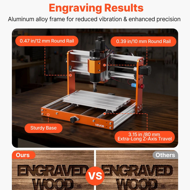 VEVOR CNC frēzēšanas iekārta, 500 W vārpsta, 3 asu koka gravēšanas un frēzēšanas mašīna, ar 300 × 180 × 80 mm darba zonu, bezsaistes vadības pulti, gala slēdžiem un avārijas apturēšanu, koka, akrila un plastmasas gravēšanai un griešanai
