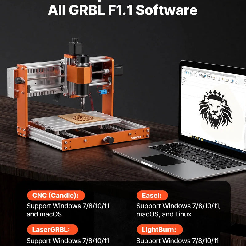 VEVOR CNC frēzēšanas iekārta, 500 W vārpsta, 3 asu koka gravēšanas un frēzēšanas mašīna, ar 300 × 180 × 80 mm darba zonu, bezsaistes vadības pulti, gala slēdžiem un avārijas apturēšanu, koka, akrila un plastmasas gravēšanai un griešanai