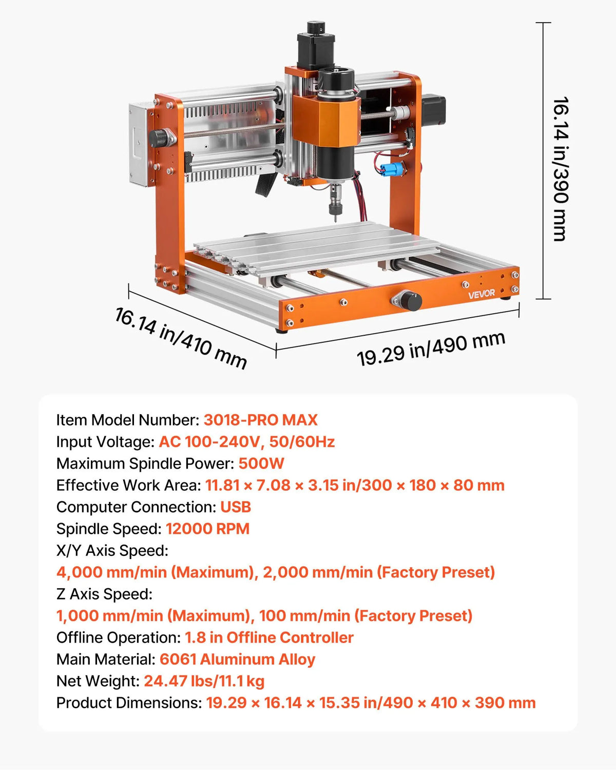 VEVOR CNC frēzēšanas iekārta ar 500 W vārpstu, 3 asis, 300 × 180 × 80 mm, gala slēdži un avārijas stop, kokam, akrilam un plastmasai