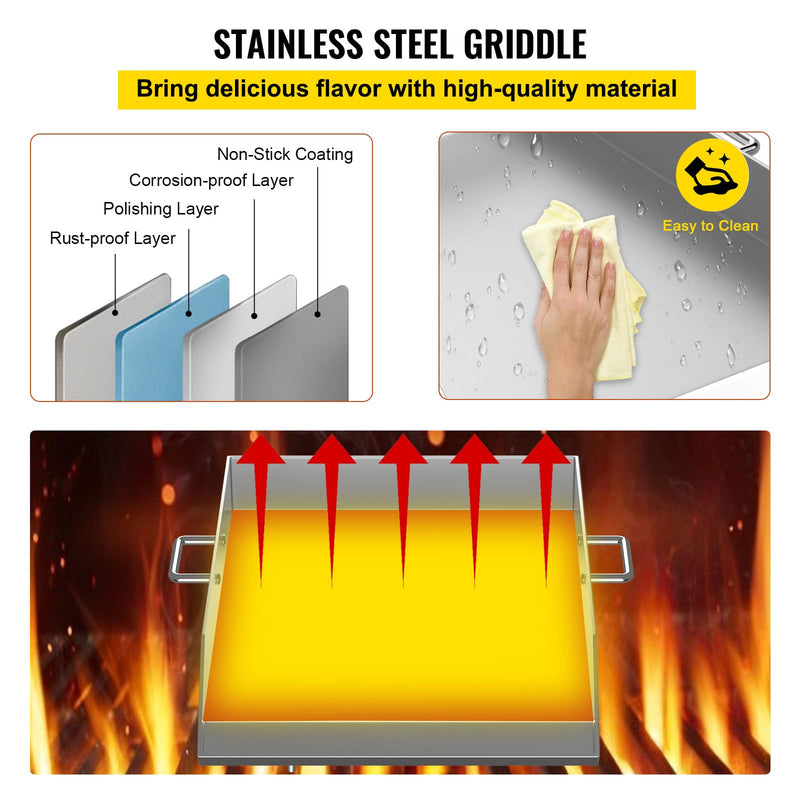 VEVOR Kvadrātveida grila plaat 40 x 45 cm, nerūsējošā tērauda, plakans grils trīskāršai plītij