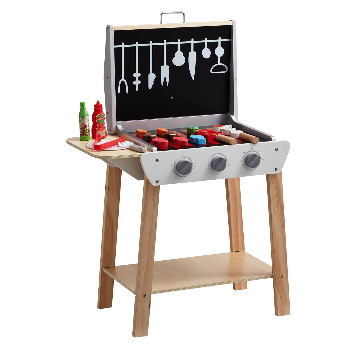 VEVOR koka vertikālais rotaļu BBQ grils bērniem ar skaņas efektiem, 21 piederums