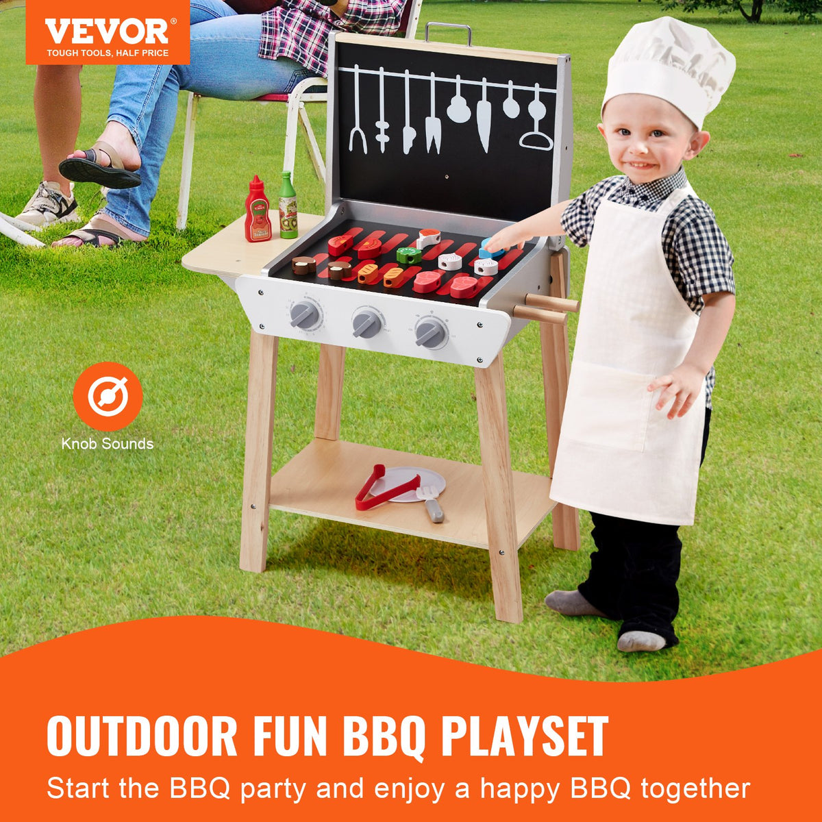 VEVOR koka vertikālais rotaļu BBQ grils bērniem ar skaņas efektiem, 21 piederums