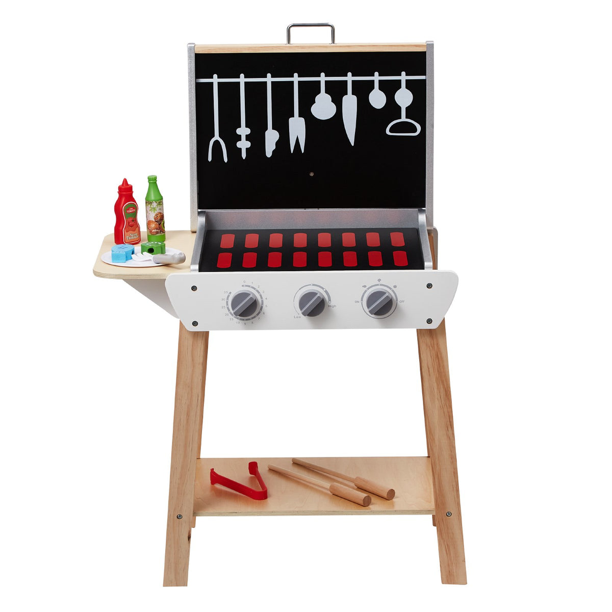 VEVOR koka vertikālais rotaļu BBQ grils bērniem ar skaņas efektiem, 21 piederums
