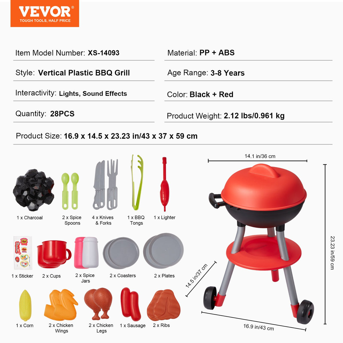 VEVOR Kids Play BBQ Grill with Light and Sound, 28 Accessories