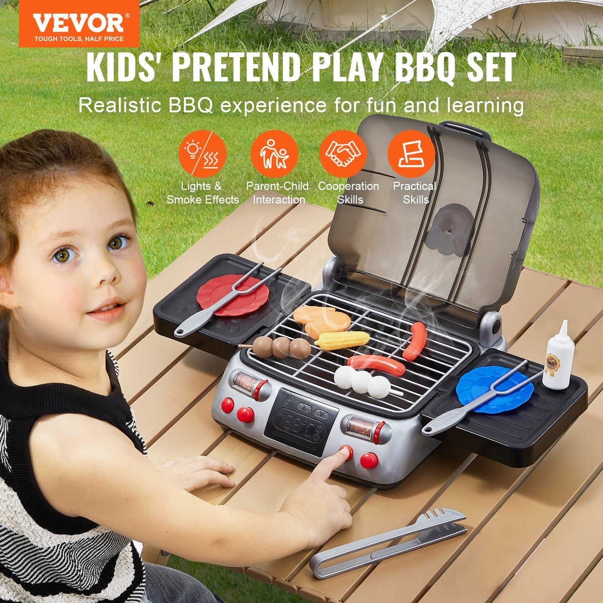 VEVOR Kids Play BBQ Grill with Smoke, Light and Sound, 19 Accessories