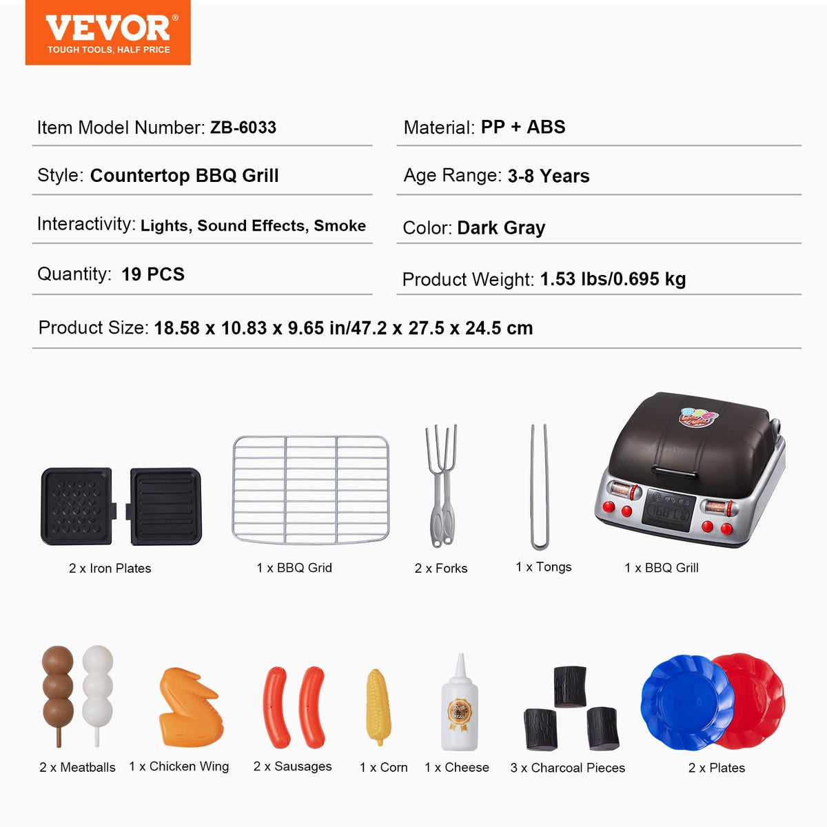 VEVOR Kids Play BBQ Grill with Smoke, Light and Sound, 19 Accessories
