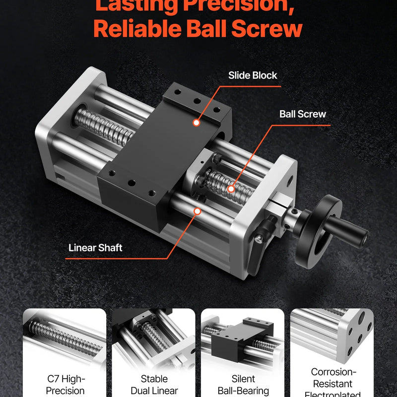 VEVOR lineārās kustības galda aktuators, efektīvais gājiens 100 mm, lodveida skrūves CNC lineārās kustības vadotne ar dubulto optisko asi, C7 augstas precizitātes klase, gultņu slīdošais bloks ar manuālu rokas ratu, X Y Z asīm