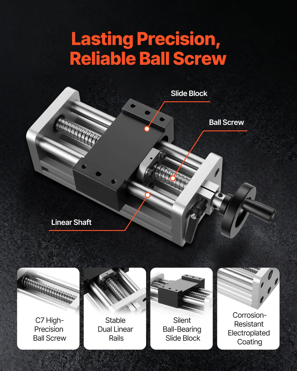VEVOR Linear Motion Table 100 mm with Ball Screw, Dual Optical Axis and Manual Hand Wheel, C7 Precision